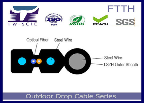 1-4 Core FTTH Drop Cable FRP / Steel Strength عضو مغطى بكابل بصري مسطح