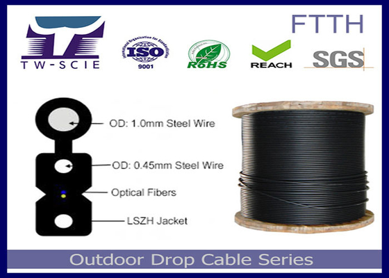1-4 Core FTTH Drop Cable FRP / Steel Strength عضو مغطى بكابل بصري مسطح